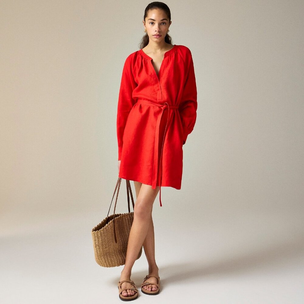 J Crew Womens Size Xxs Long Sleeve Cabana Mini Dress In Linen Red Arroyo $148